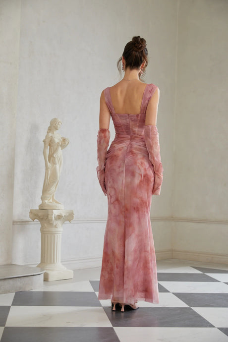 Amélie Pink Ombré Ruched Tulle Maxi Dress Without Gloves