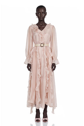 Amélie Pink VNeck Floral Ruffled Maxi Dress With Bell Sleeves