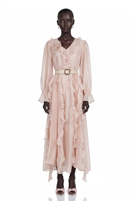 Amélie Pink VNeck Floral Ruffled Maxi Dress With Bell Sleeves