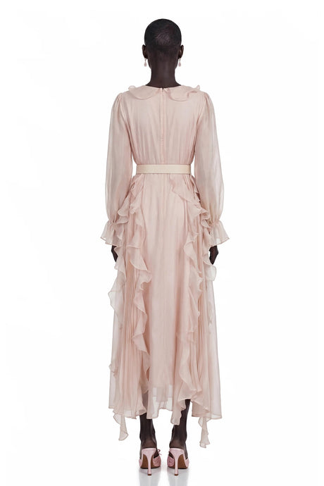 Amélie Pink VNeck Floral Ruffled Maxi Dress With Bell Sleeves