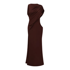 Amore Chocolate Brown One Shoulder Ruched Maxi Dress