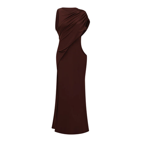 Amore Chocolate Brown One Shoulder Ruched Maxi Dress