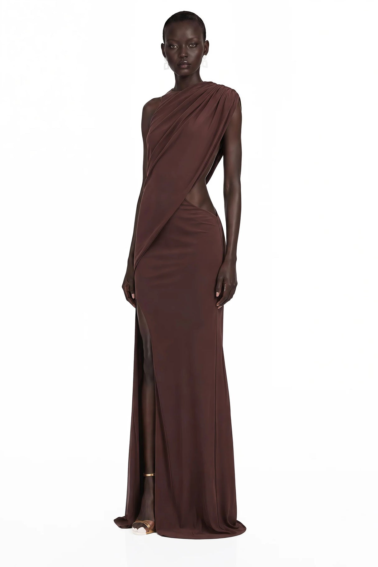Amore Chocolate Brown One Shoulder Ruched Maxi Dress