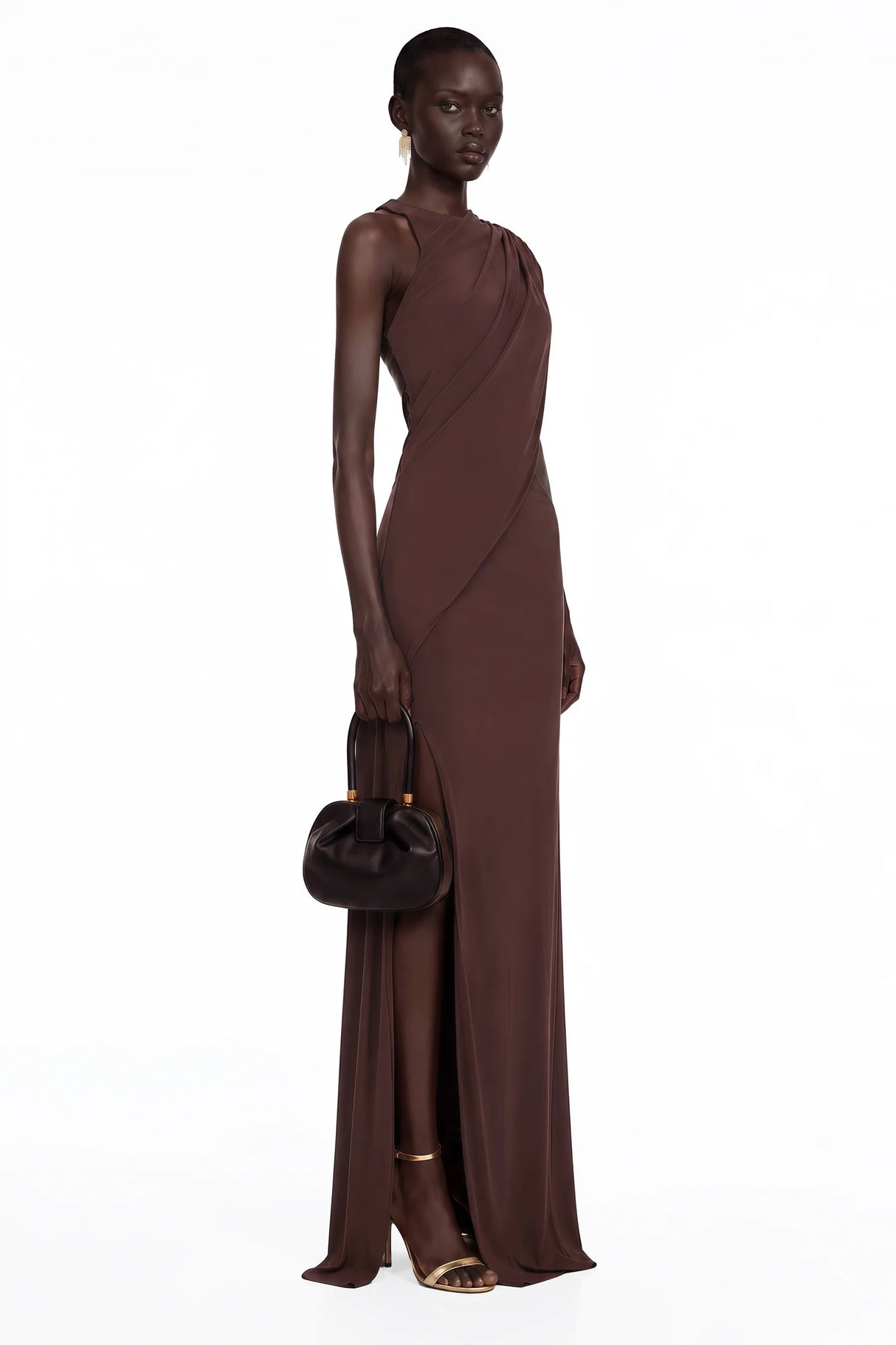 Amore Chocolate Brown One Shoulder Ruched Maxi Dress
