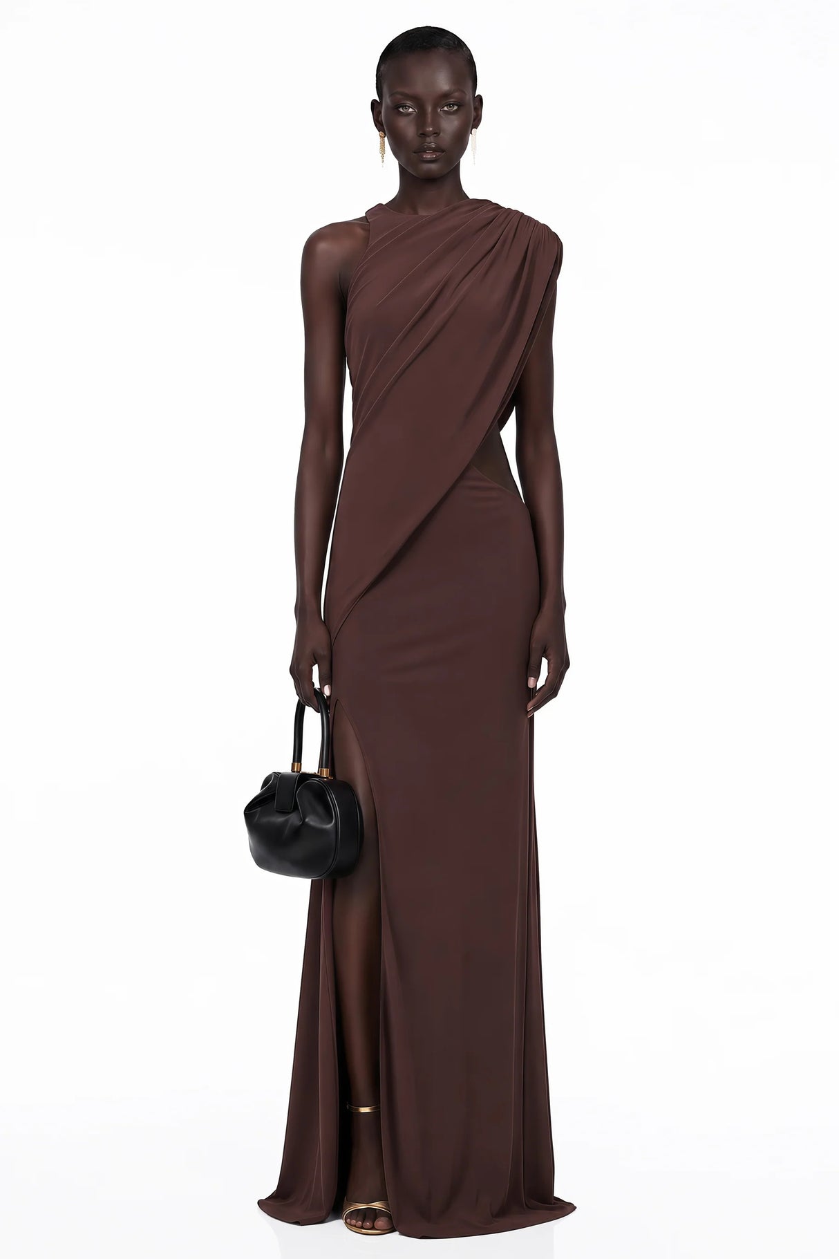 Amore Chocolate Brown One Shoulder Ruched Maxi Dress