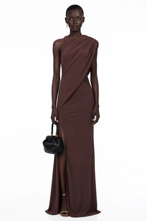Amore Chocolate Brown One Shoulder Ruched Maxi Dress
