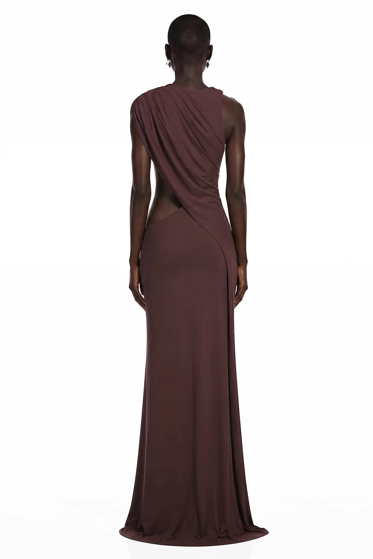 Amore Chocolate Brown One Shoulder Ruched Maxi Dress
