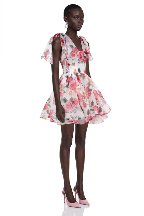 Amy Pink Floral Print Mini Dress with Bow Detail