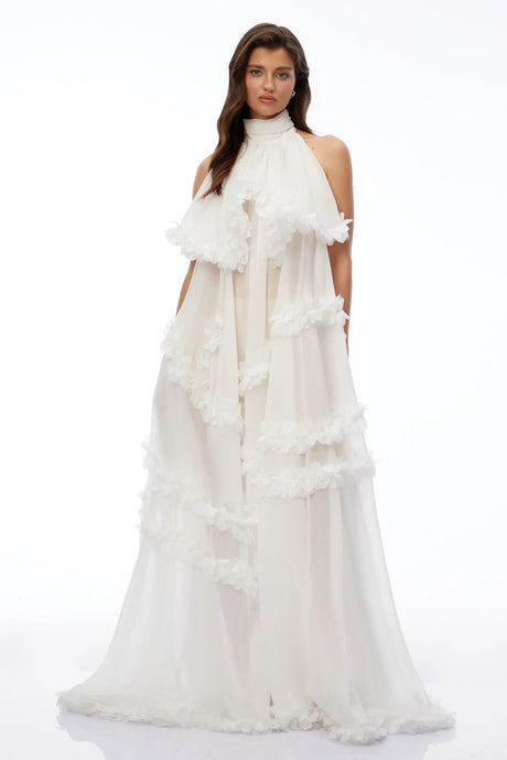 Anahere White Turtleneck Maxi Dress with Slit and 3D Florals