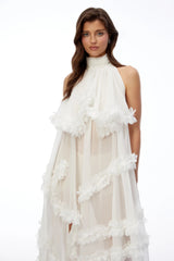 Anahere White Turtleneck Maxi Dress with Slit and 3D Florals
