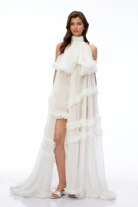Anahere White Turtleneck Maxi Dress with Slit and 3D Florals
