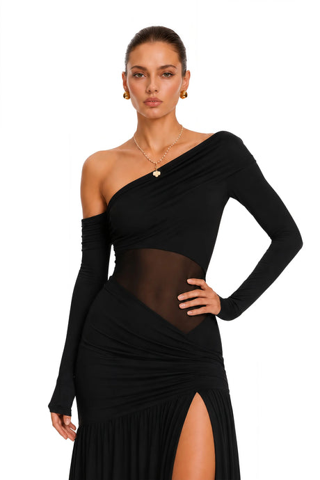 Anastasia Black One Shoulder Gathered Maxi Dress