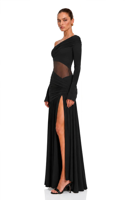 Anastasia Black One Shoulder Gathered Maxi Dress