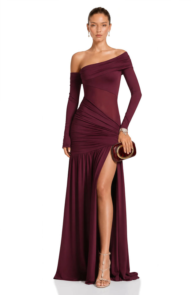 Anastasia Burgundy One Shoulder Gathered Maxi Dress