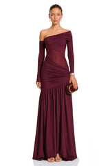 Anastasia Burgundy One Shoulder Gathered Maxi Dress