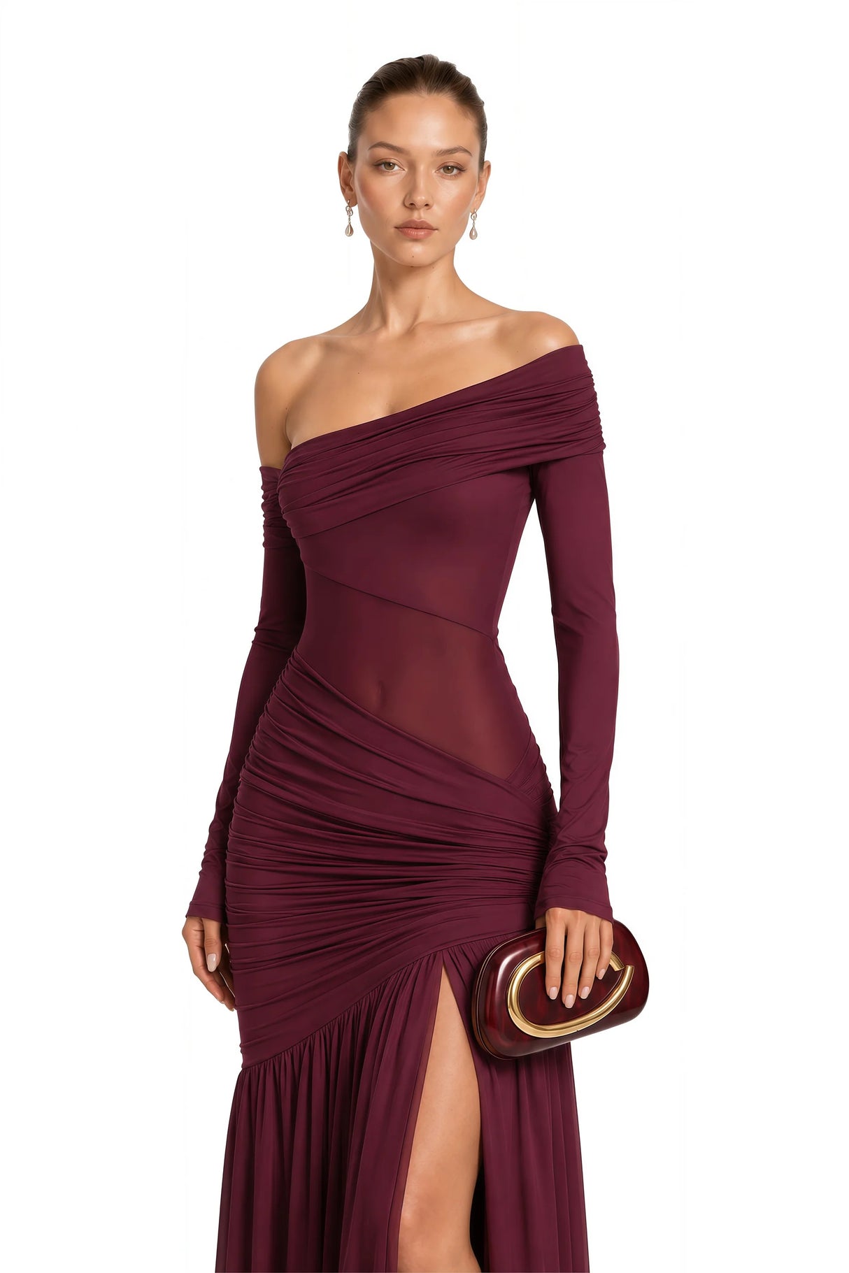 Anastasia Burgundy One Shoulder Gathered Maxi Dress