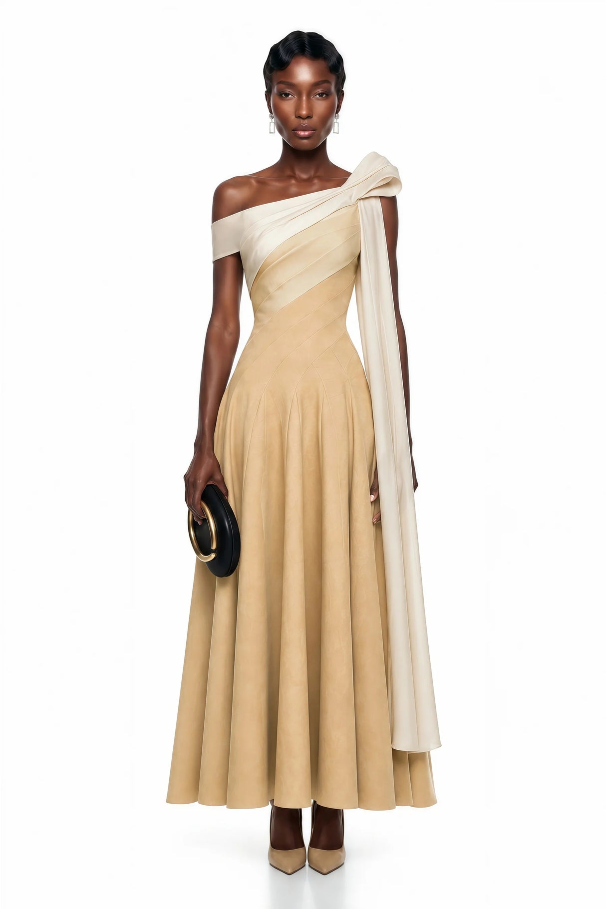 Anastasia Khaki Pleated Maxi Dress with TieWaist Bow Detail