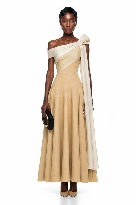 Anastasia Khaki Pleated Maxi Dress with TieWaist Bow Detail