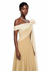 Anastasia Khaki Pleated Maxi Dress with TieWaist Bow Detail