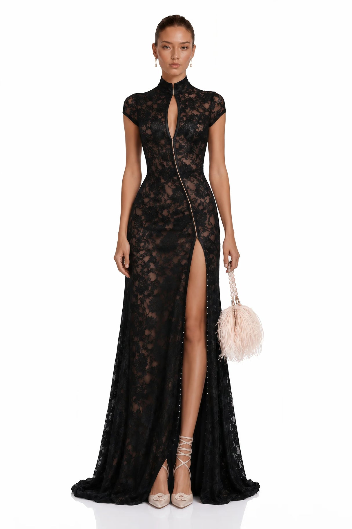 Andrea Black Keyhole Lace Maxi Dress with High Thigh Slit
