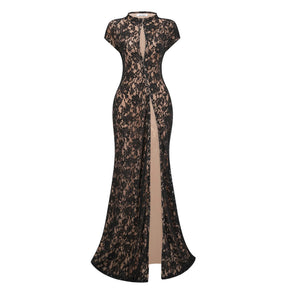 Andrea Black Keyhole Lace Maxi Dress with High Thigh Slit