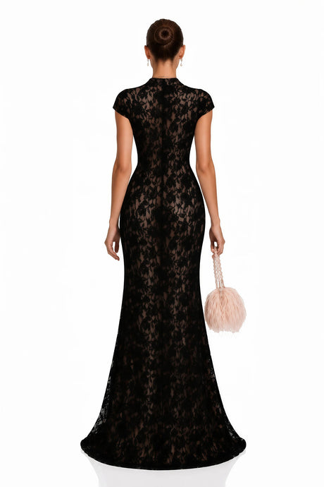 Andrea Black Keyhole Lace Maxi Dress with High Thigh Slit