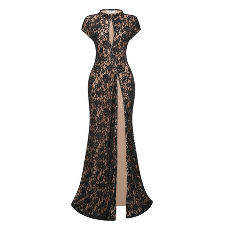 Andrea Black Keyhole Lace Maxi Dress with High Thigh Slit