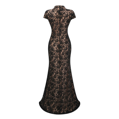 Andrea Black Keyhole Lace Maxi Dress with High Thigh Slit