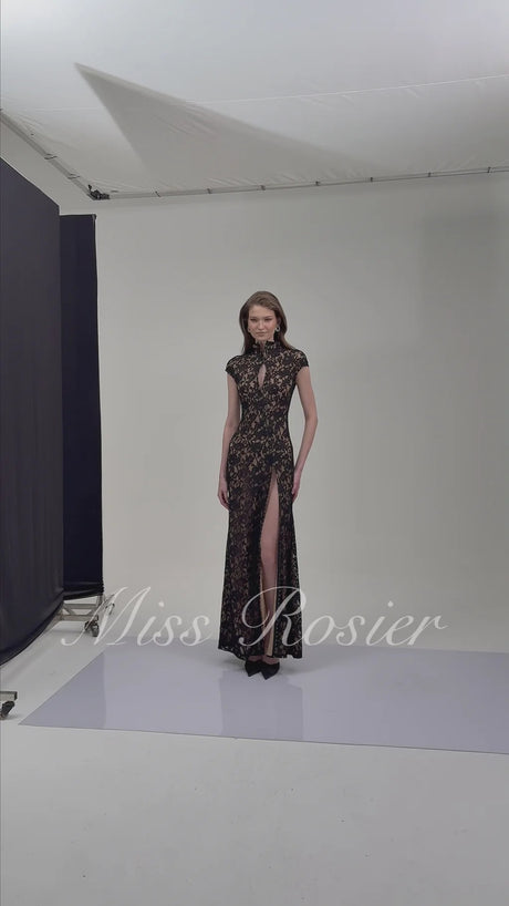 Andrea Black Keyhole Lace Maxi Dress with High Thigh Slit
