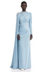 Andreea Blue Cape Maxi Dress with Embellishment