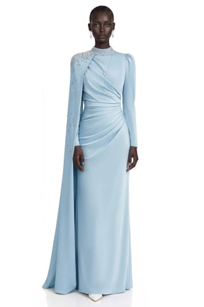 Andreea Blue Cape Maxi Dress with Embellishment