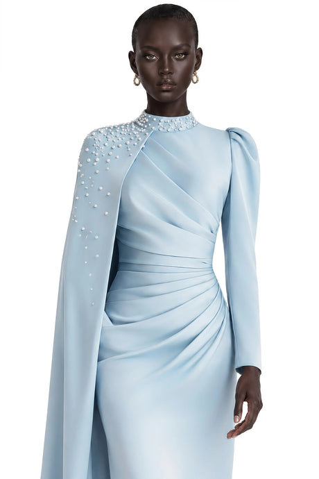Andreea Blue Cape Maxi Dress with Embellishment