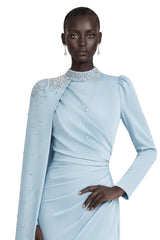 Andreea Blue Cape Maxi Dress with Embellishment