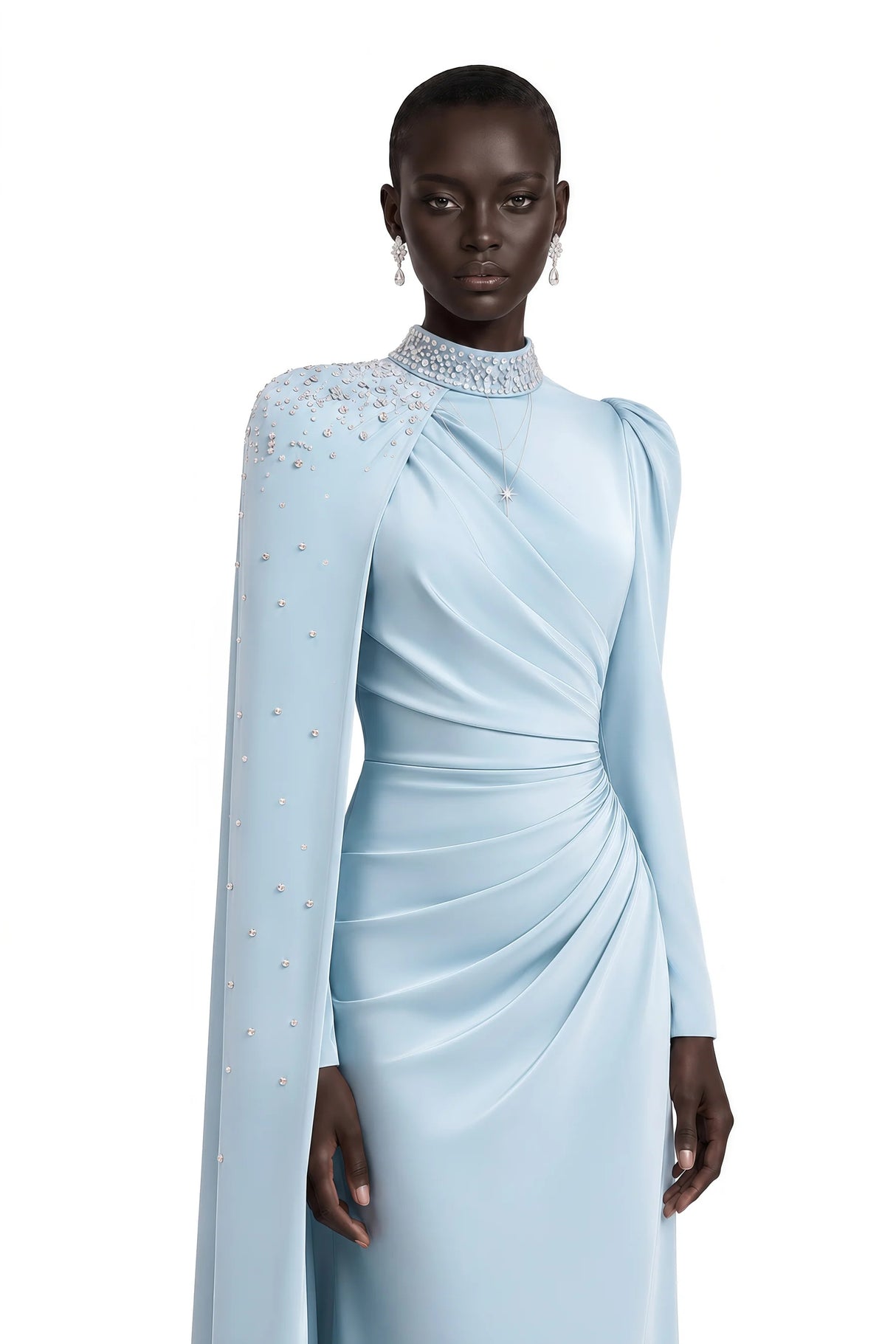 Andreea Blue Cape Maxi Dress with Embellishment