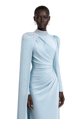 Andreea Blue Cape Maxi Dress with Embellishment