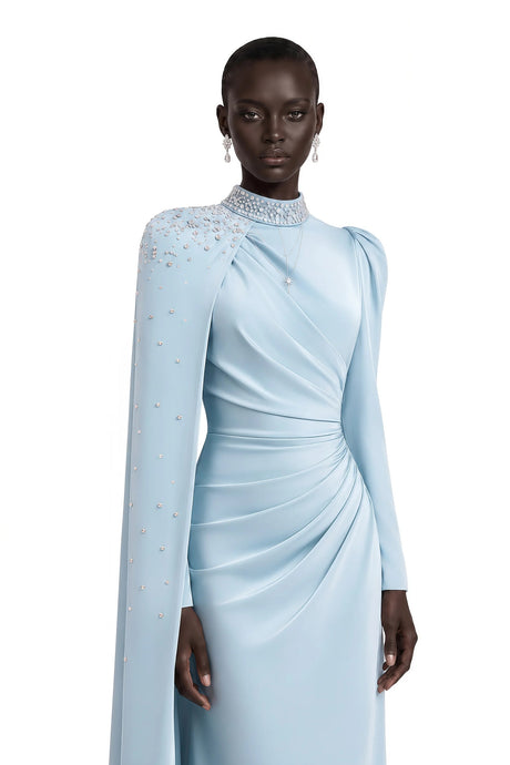 Andreea Blue Cape Maxi Dress with Embellishment