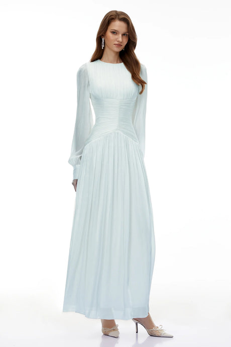 Aneka Green High Neck Glossy Ruched Maxi Dress