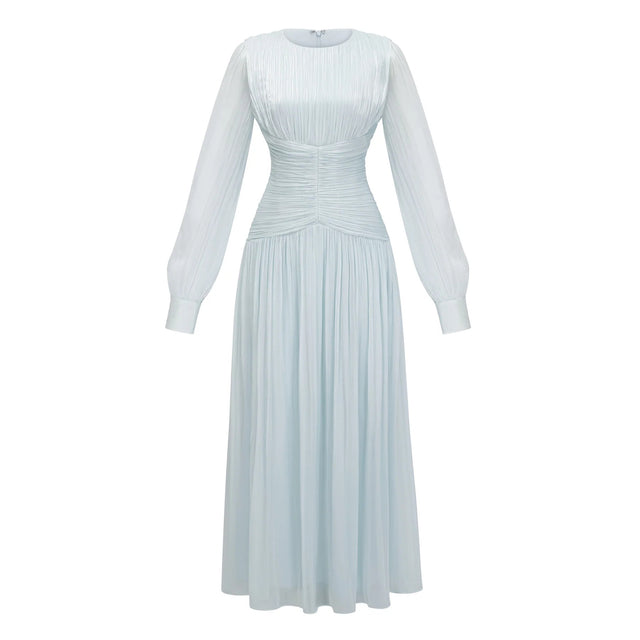 Aneka Green High Neck Glossy Ruched Maxi Dress