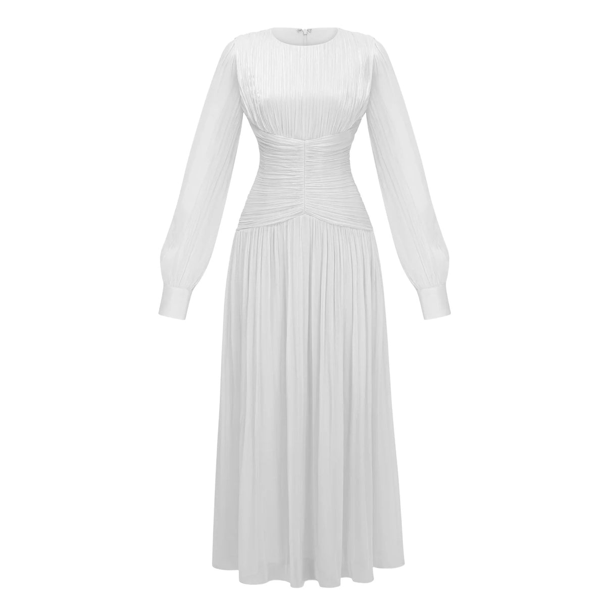 Aneka White High Neck Glossy Ruched Maxi Dress