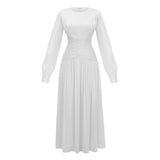 Aneka White High Neck Glossy Ruched Maxi Dress
