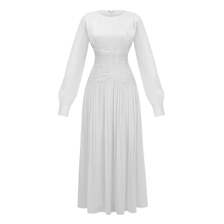 Aneka White High Neck Glossy Ruched Maxi Dress