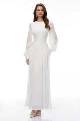 Aneka White High Neck Glossy Ruched Maxi Dress