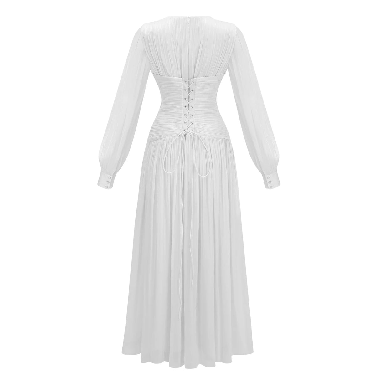 Aneka White High Neck Glossy Ruched Maxi Dress
