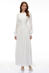 Aneka White High Neck Glossy Ruched Maxi Dress