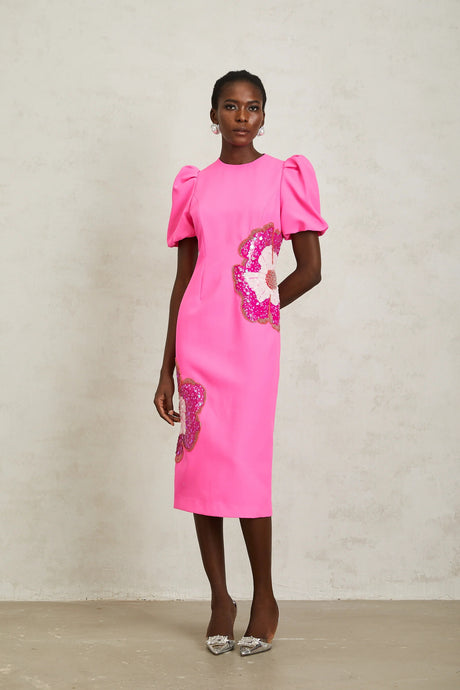 Ángela Pink Embellished Floral Midi Dress