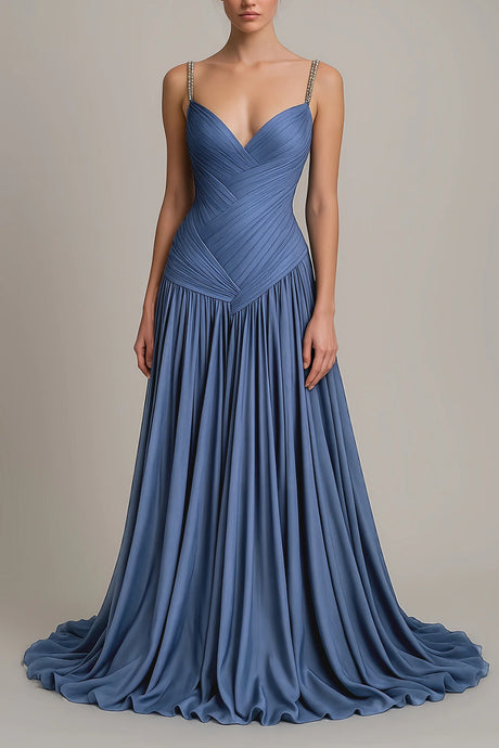 Leslie Blue Diagonal Pleated Gathered Maxi Gown