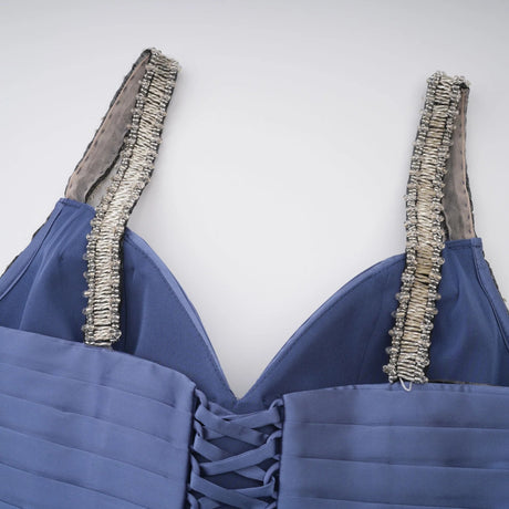 Leslie Blue Diagonal Pleated Gathered Maxi Gown