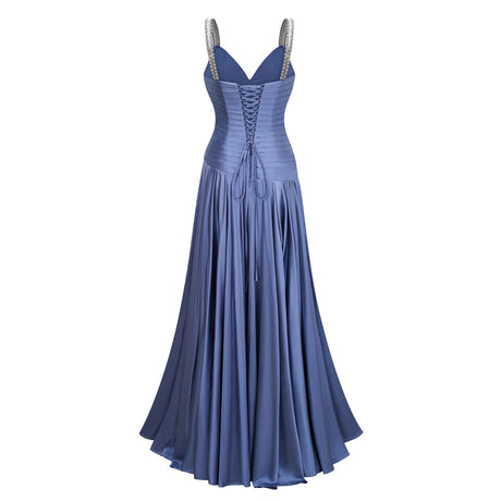 Leslie Blue Diagonal Pleated Gathered Maxi Gown