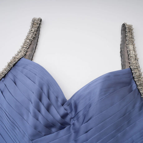 Leslie Blue Diagonal Pleated Gathered Maxi Gown