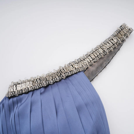 Leslie Blue Diagonal Pleated Gathered Maxi Gown